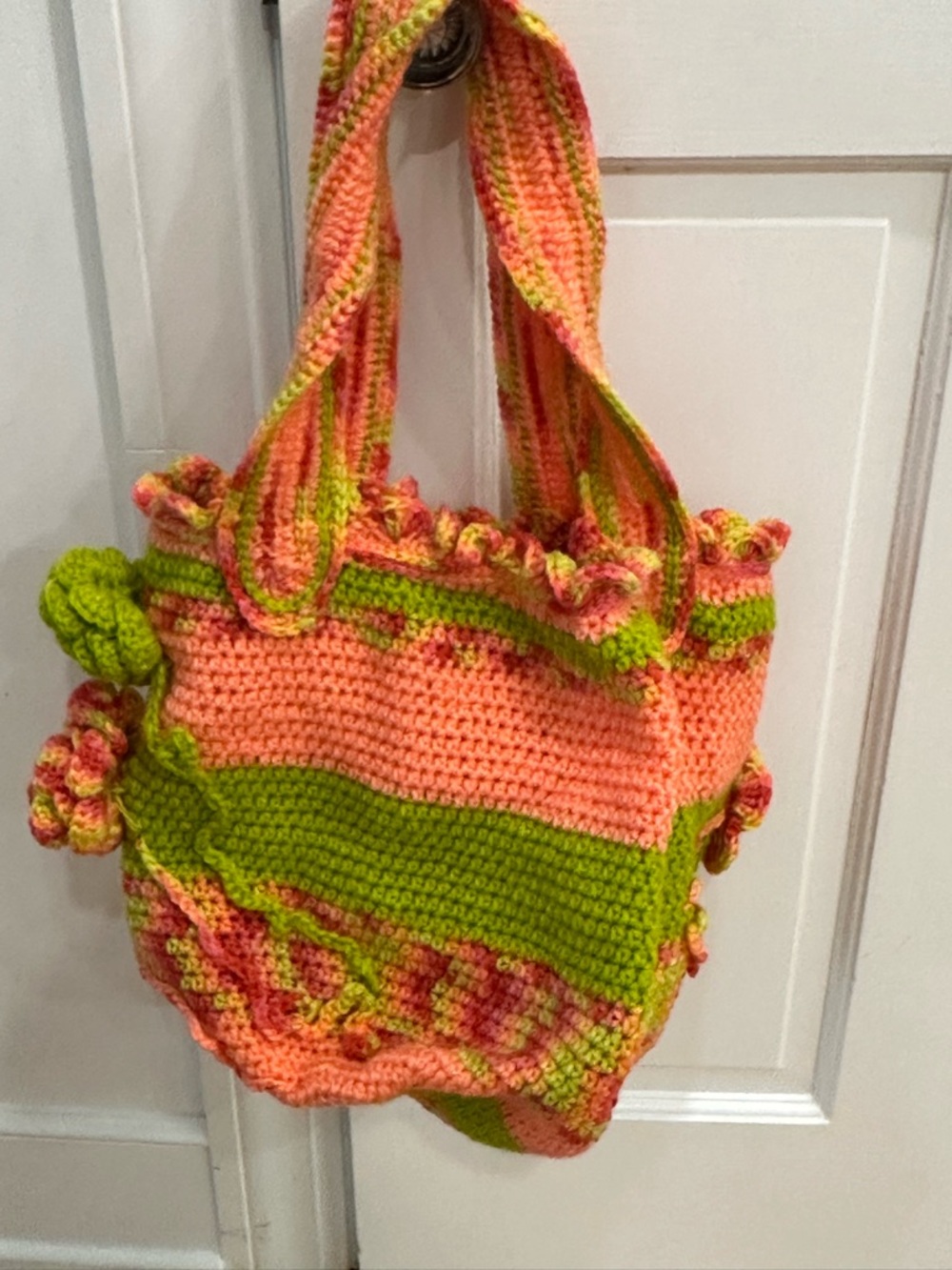 Handmade Crochet Floral Tote Bag in Peach & Lime Boho Coastal Grandma - Picture 3 of 7